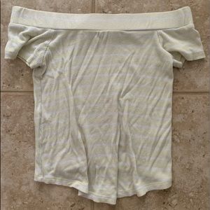 off the shoulder light yellow striped shirt